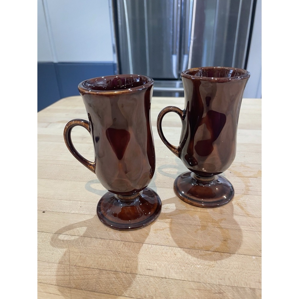 2 Hall Brown Pedestal Mugs for Irish Coffee Made in USA Restaurant Ware Vintage